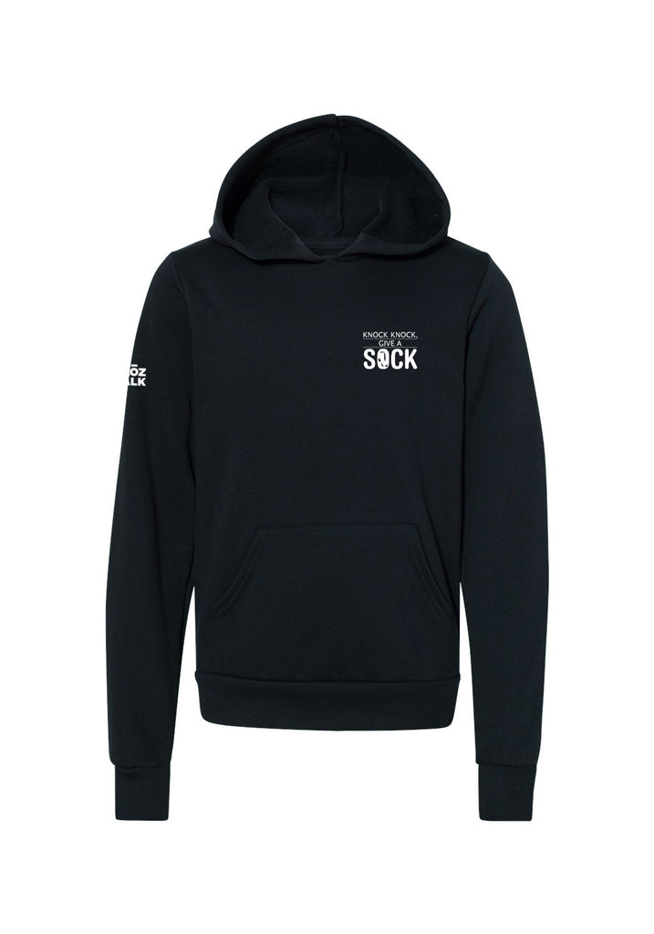Knock Knock Give A Sock kids pullover hoodie (black) - front