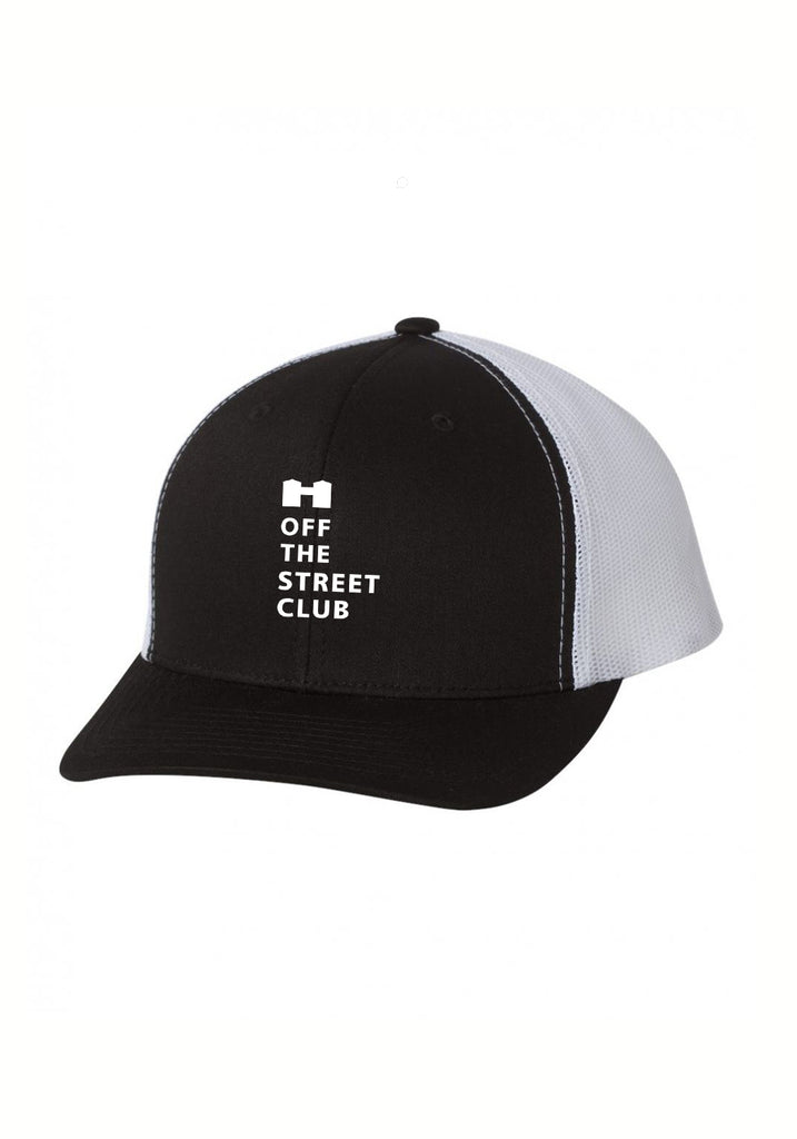 Off The Street Club unisex trucker baseball cap (black and white) - front