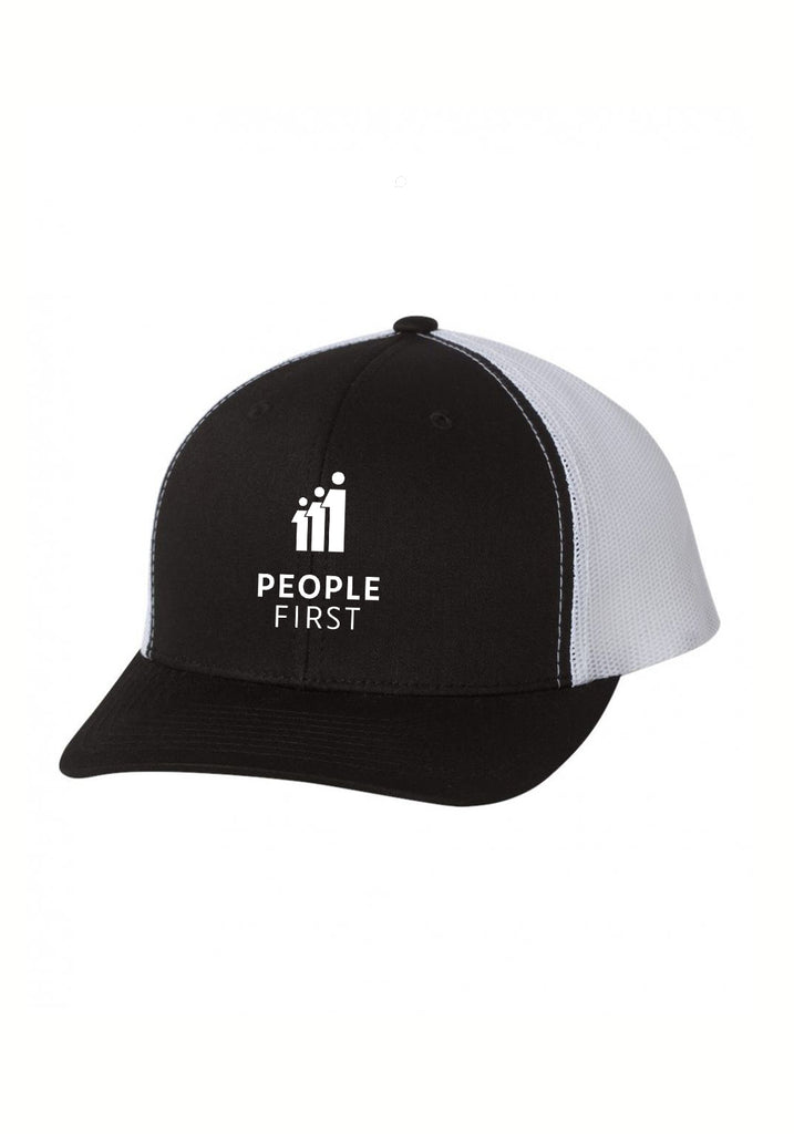 People First Economy unisex trucker baseball cap (black and white) - front