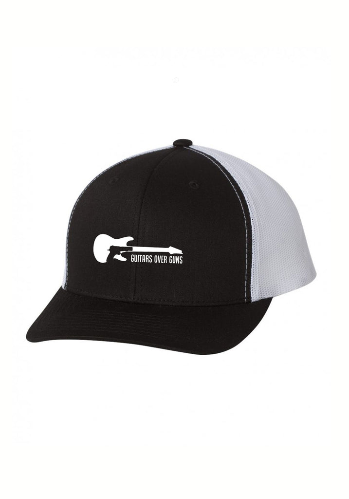 Guitars Over Guns unisex trucker baseball cap (black and white) - front