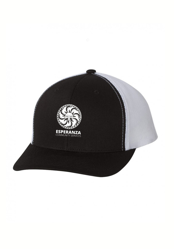 Esperanza Community Services unisex trucker baseball cap (black and white) - front