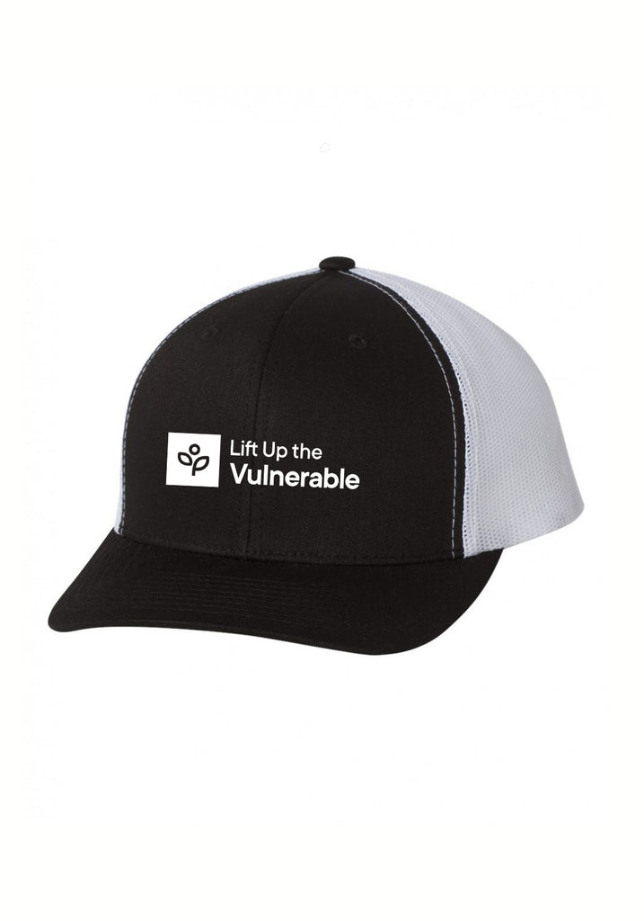 Lift Up The Vulnerable unisex trucker baseball cap (black and white) - front