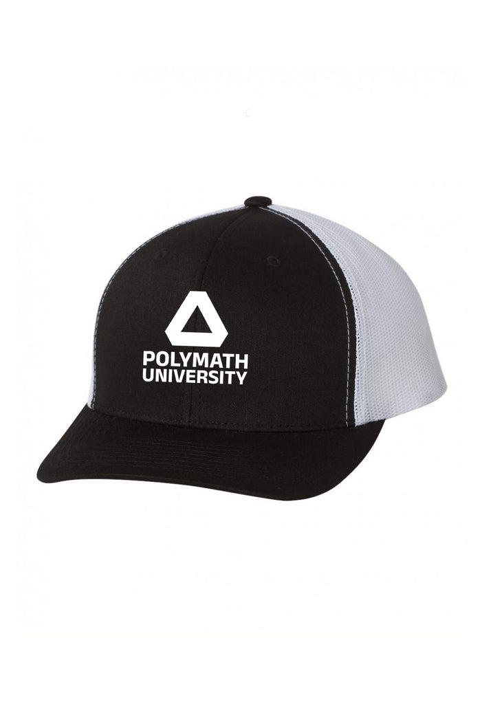 Polymath University unisex trucker baseball cap (black and white) - front