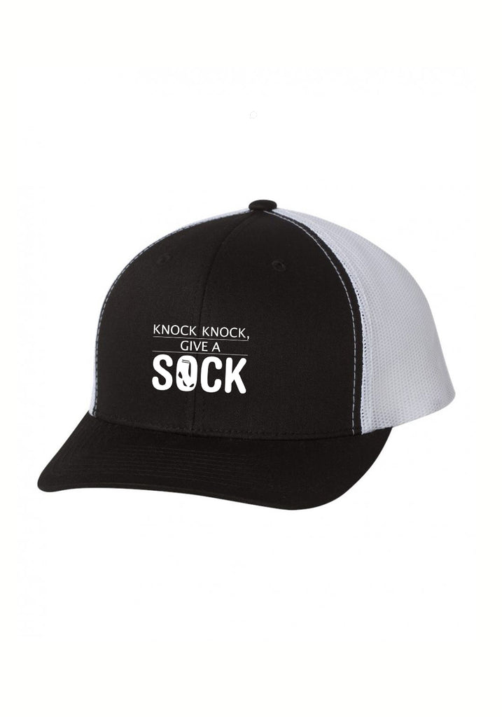 Knock Knock Give A Sock unisex trucker baseball cap (black and white) - front