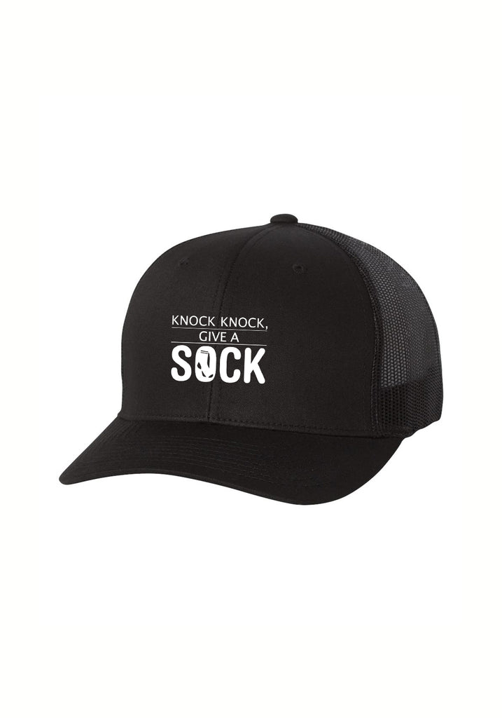 Knock Knock Give A Sock unisex trucker baseball cap (black) - front