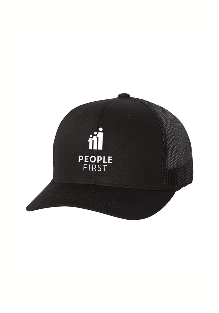 People First Economy unisex trucker baseball cap (black) - front