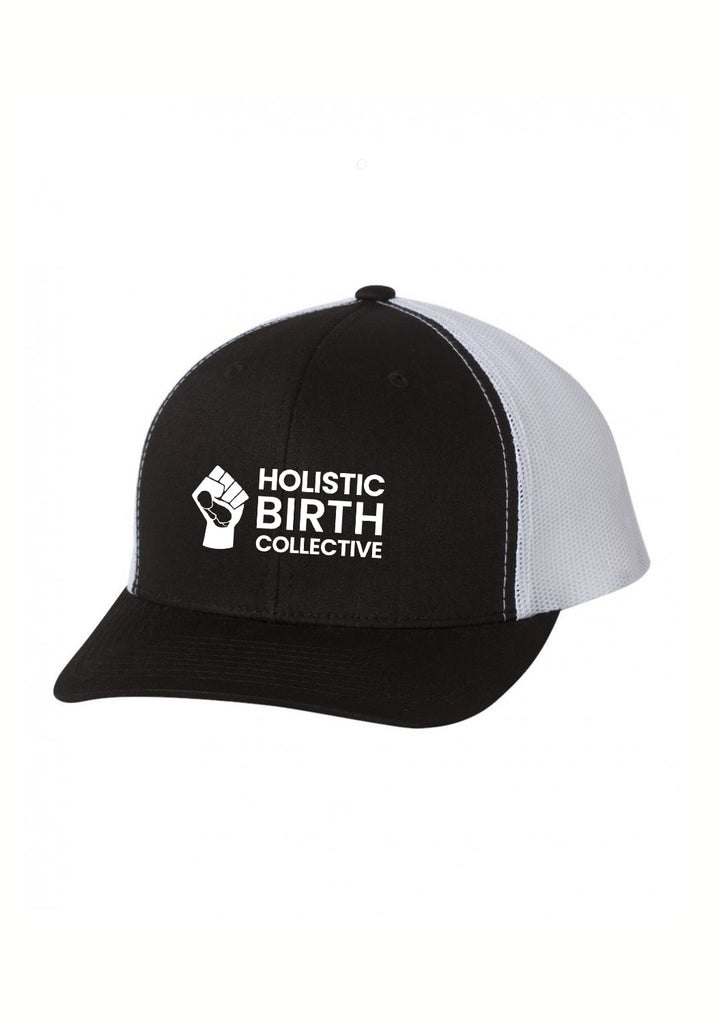 Holistic Birth Collective unisex trucker baseball cap (black and white) - front