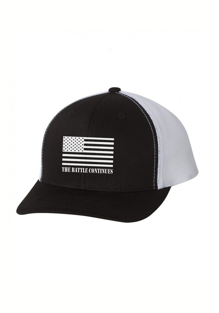 The Battle Continues unisex trucker baseball cap (black and white) - front