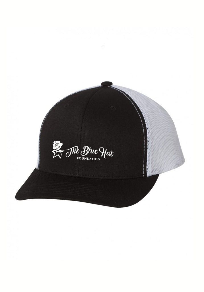 The Blue Hat Foundation unisex trucker baseball cap (black and white) - front