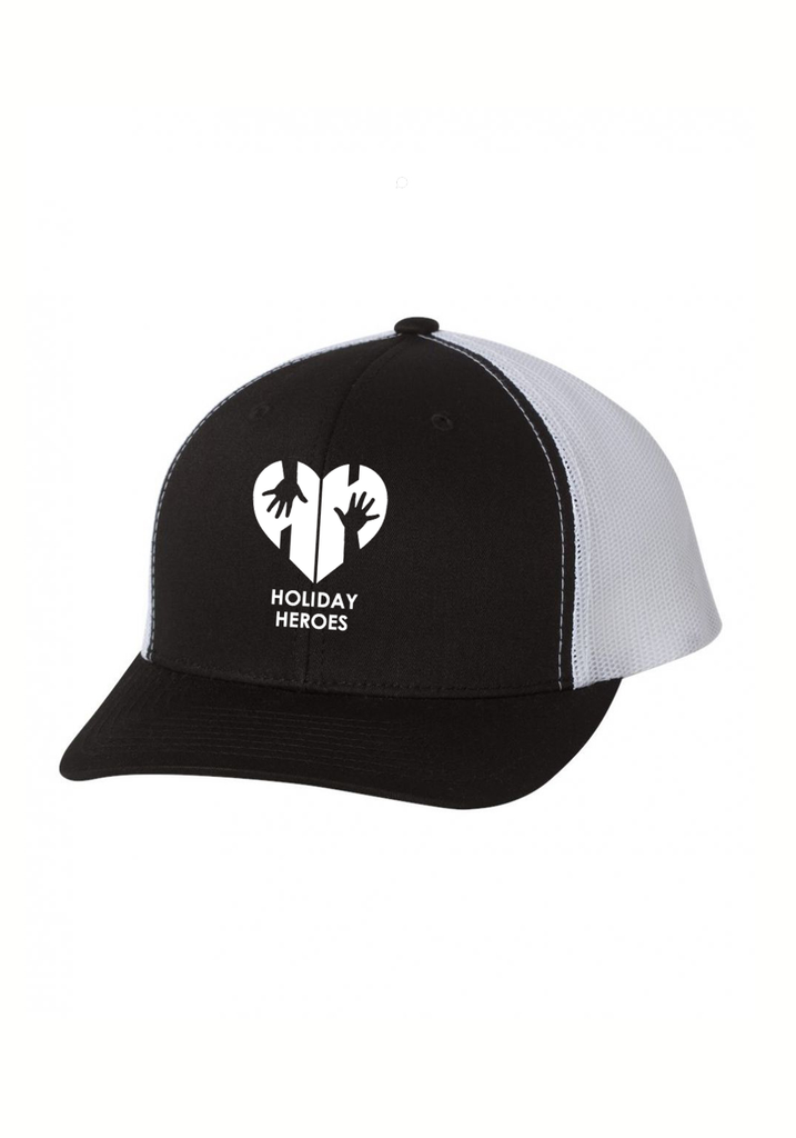 Holiday Heroes unisex trucker baseball cap (black and white) - front
