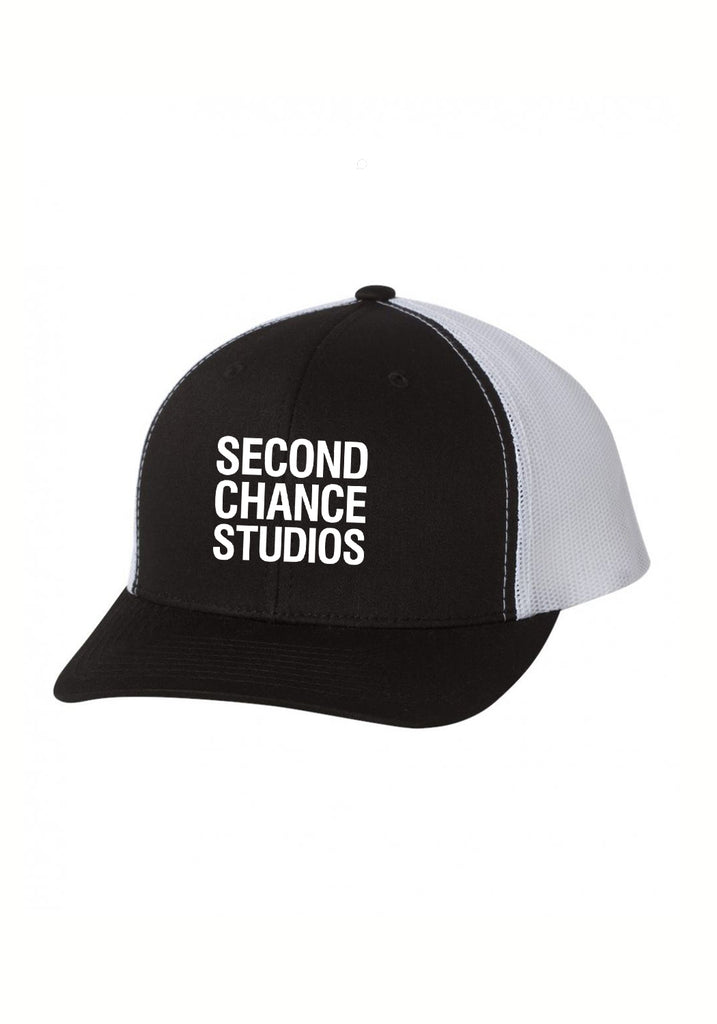 Second Chance Studios unisex trucker baseball cap (black and white) - front