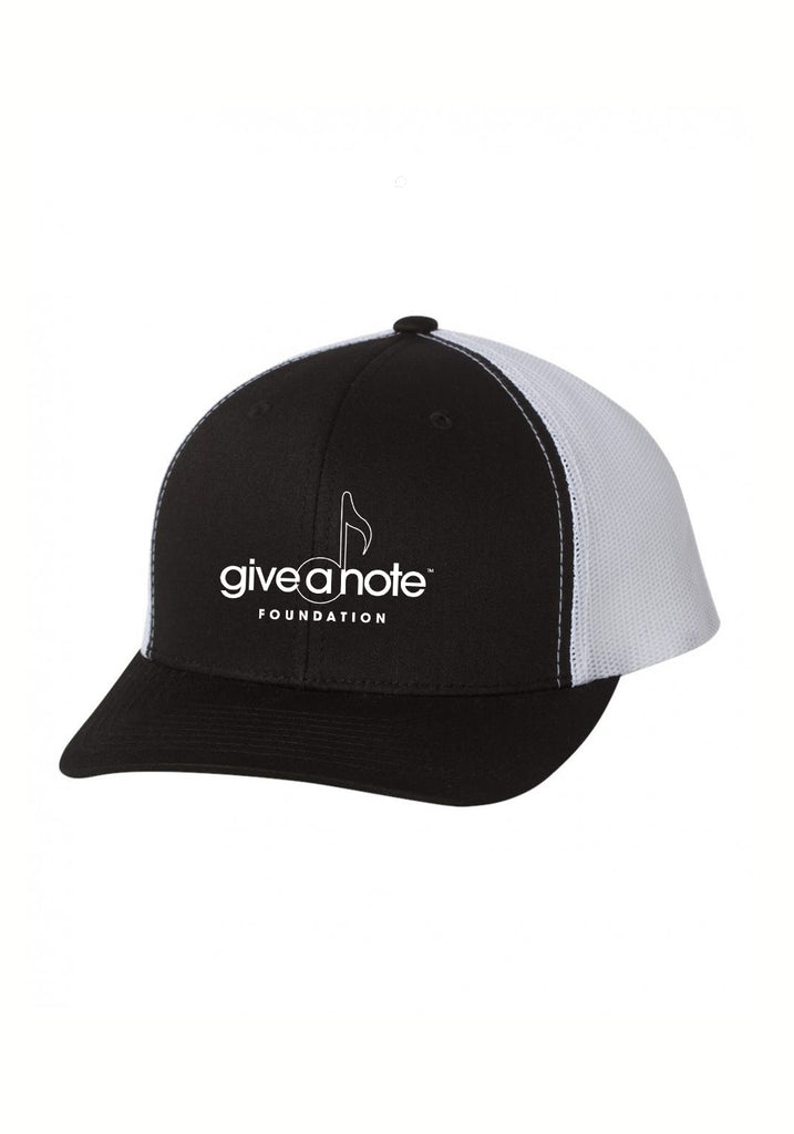 Give A Note Foundation unisex trucker baseball cap (black and white) - front