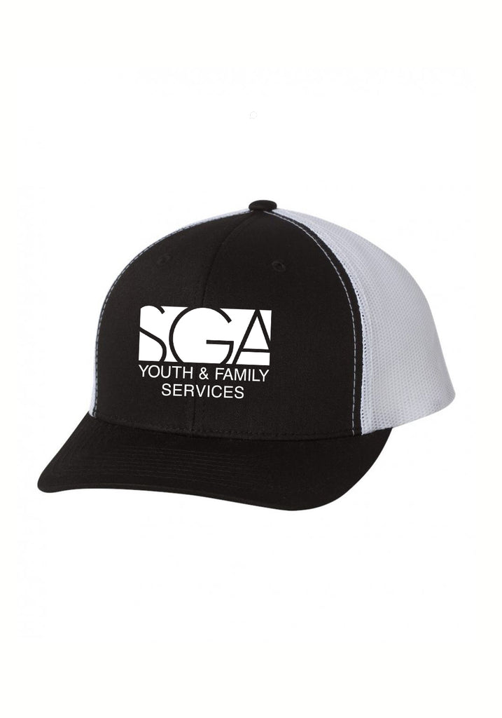 SGA Youth & Family Services unisex trucker baseball cap (black and white) - front