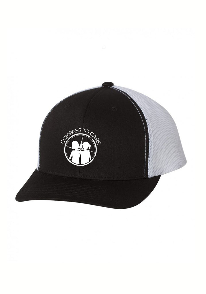 Compass To Care Childhood Cancer Foundation unisex trucker baseball cap (black and white) - front