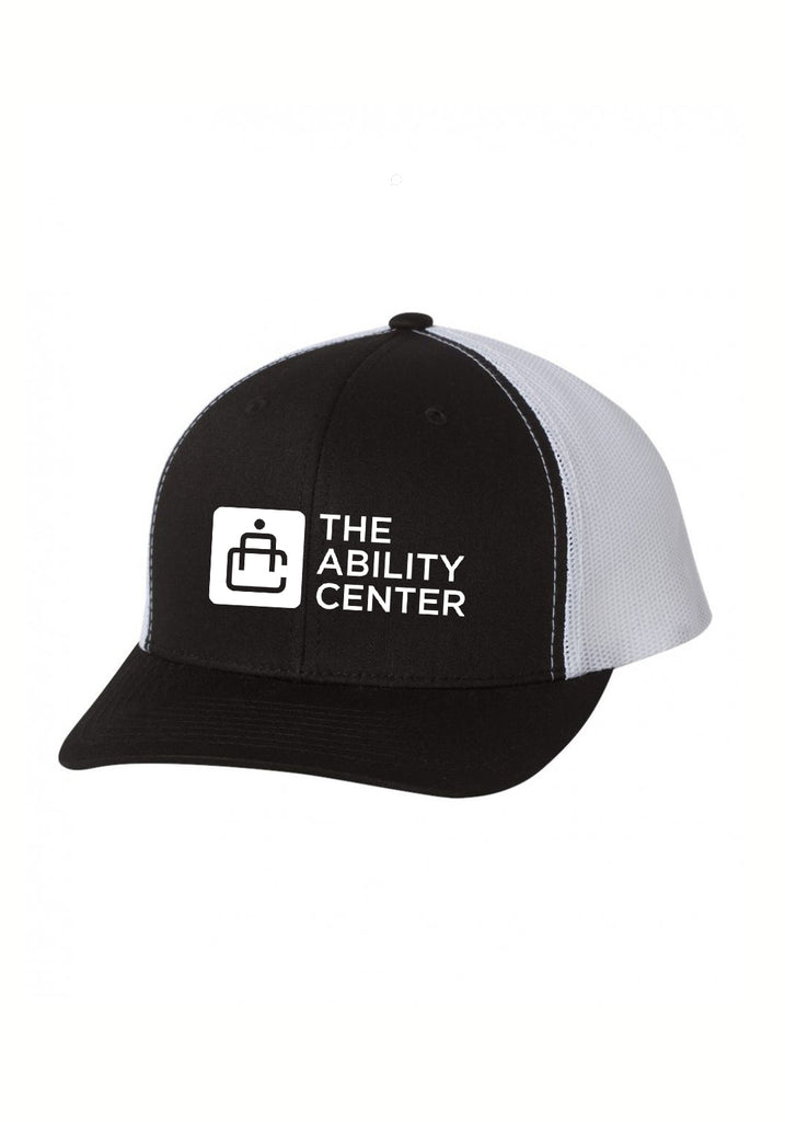 The Ability Center unisex trucker baseball cap (black and white) - front