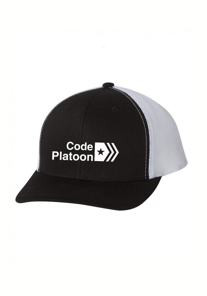 Code Platoon unisex trucker baseball cap (black and white) - front