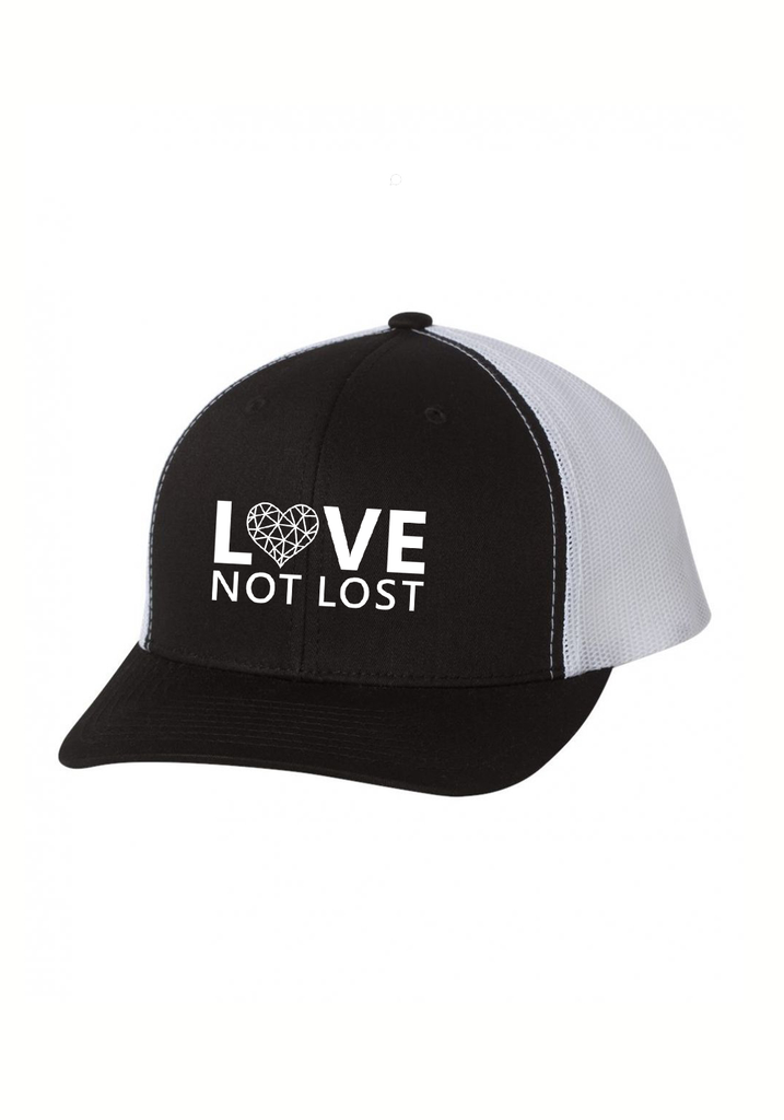 Love Not Lost unisex trucker baseball cap (black and white) - front