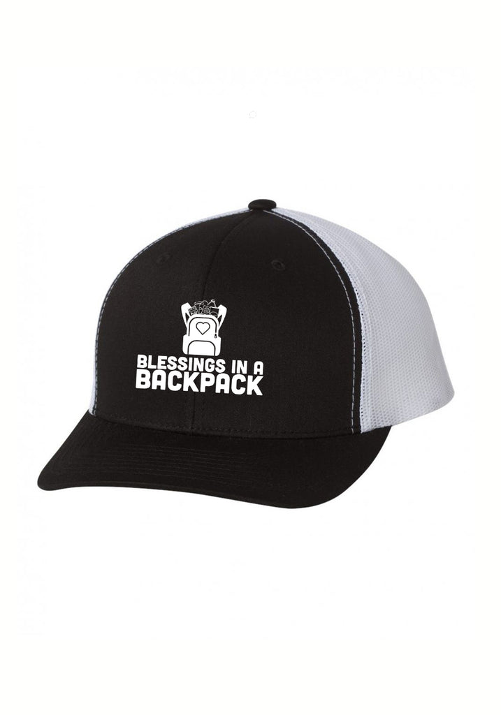 Blessings In A Backpack unisex trucker baseball cap (black and white) - front