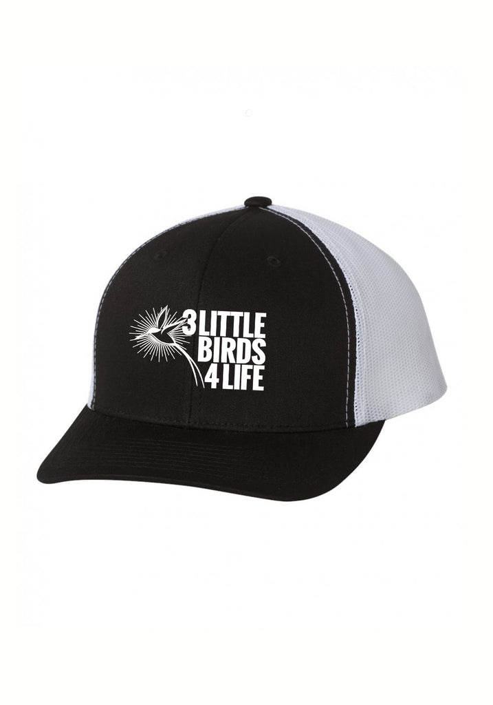 3 Little Birds 4 Life unisex trucker baseball cap (black and white) - front